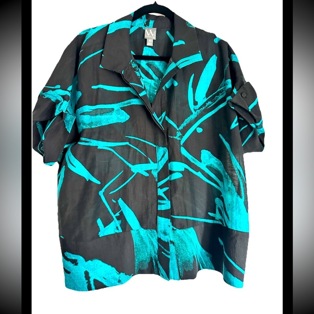 WORTHINGTON Women’s Linen Blend Turquoise Black Button Shirt Sz XL